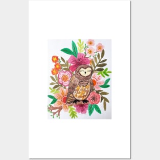 Floral brown barn Owl Posters and Art